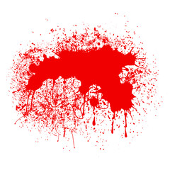 Drops and splashes of blood. Bright red paint stains. Dirty grunge background. Abstract vector isolated illustration on white background.