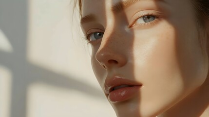A woman with a radiant smile, showcasing her charming freckles across her face. Generative AI