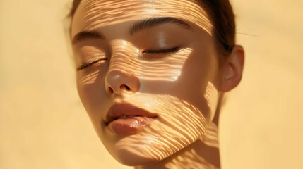 A woman with closed eyes, basking in warm sunlight, radiating tranquility and peace. Generative AI