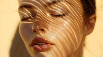 A woman with closed eyes, basking in warm sunlight, radiating tranquility and peace. Generative AI