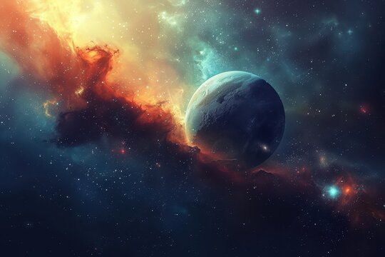 Breathtaking Space Spectacle with Vivid Nebula and Distant Planet