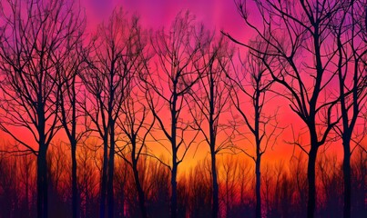 Fototapeta premium Silhouettes of bare trees, vibrant sunset backdrop, bold contrasts, autumnal tranquility