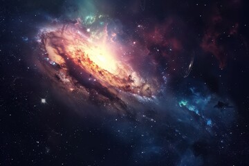 Colorful spiral galaxy with glowing center and dust formations in deep space.