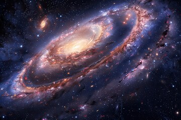 Majestic spiral galaxy in the deep cosmos, surrounded by stars and glowing dust.