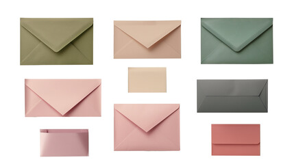 Various postal paper multi-colored envelopes on a transparent background. PNG image.
