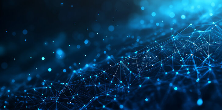 Artificial intelligence network. Abstract image of a digital network illuminated by blue light, showing interconnected nodes and lines on a dark background. 
