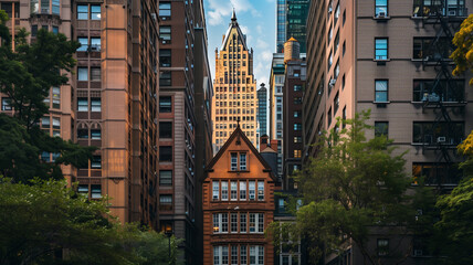 Fototapeta premium A quaint house nestled between towering skyscrapers, evoking a sense of urban charm and coziness