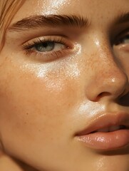 Close-up Portrait of a Young Woman with Freckles and Sun-kissed Skin. Generative AI