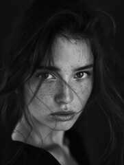 Fototapeta premium Intense Portrait of a Freckled Woman in Monochrome