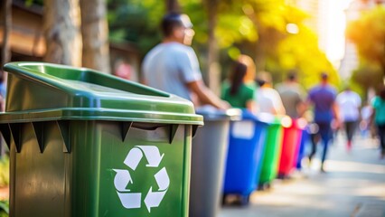 Contenedores de reciclaje en fila en una calle concurrida, resaltando la conciencia ambiental.