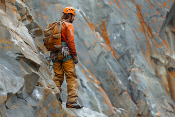 Determined Rock Climber Facing Vertical Challenge Amidst Scenic Mountain Landscape at Sunset
