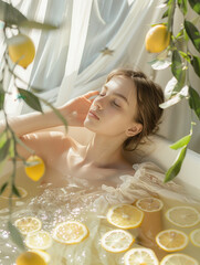 Young Woman Relaxing in a Citrus Bath, Serene Indoor Setting
