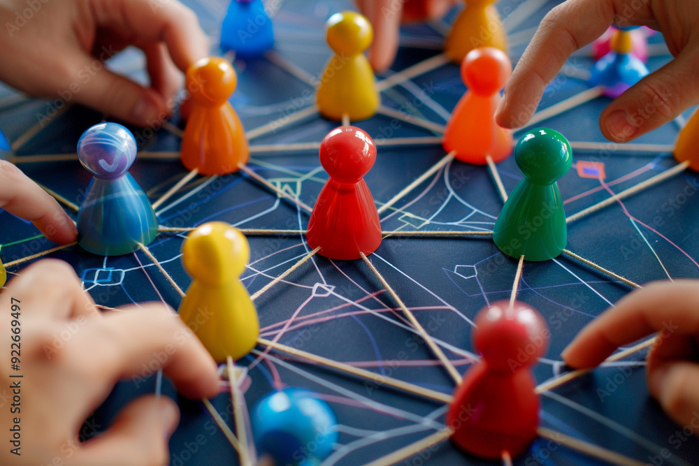 Poster connecting the dots: colorful game pieces represent a network of relationships