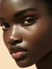 Close-up of a stunning black woman showcasing her radiant skin and expressive features. Generative AI