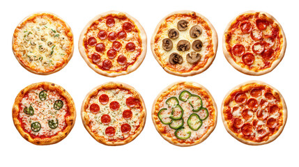 set of italian pizza, pizzas on isolated transparent png background