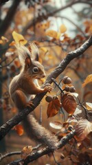 Obraz premium Squirrel gathering acorns, oak tree, autumn forest, nature