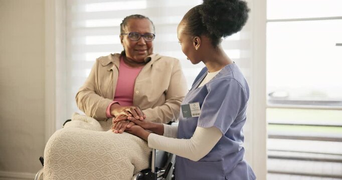 Woman, patient and caregiver by holding hands in nursing home for assistance with mobility in wheelchair. Black people, together and advice with support, trust or comfort with results of diagnosis