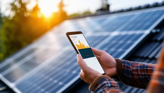Persona revisando el rendimiento de paneles solares en su casa utilizando una aplicaci&oacute;n en su smartphone al atardecer.