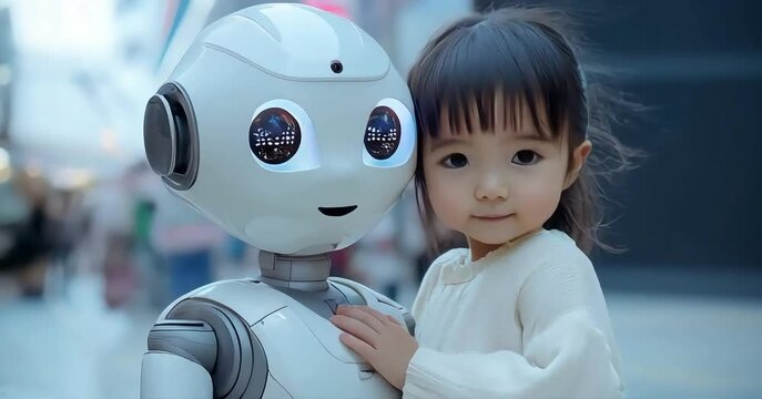 Little girl hugging a robot