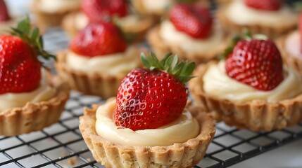 Close-up of a fresh strawberry tart on a cooling rack.