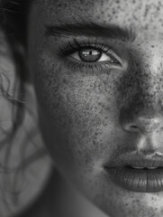 Naklejka premium Close-up Portrait of a Freckled Woman in Monochrome