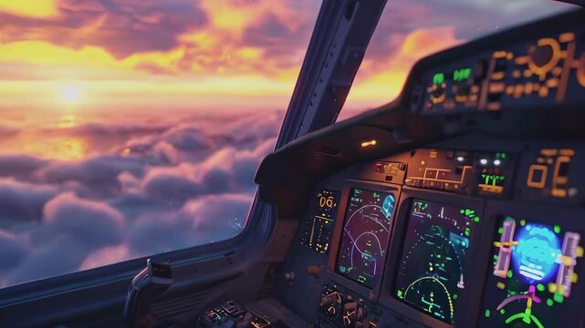 The vibrant airplane cockpit view captures illuminated control panels and gauges as the aircraft flies above clouds during sunset. The colorful sky enhances the serene and professional atmosphere.