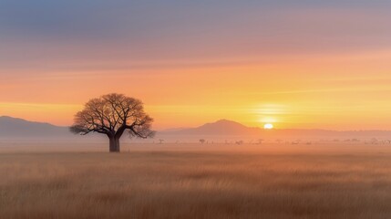 Majestic Sunrise Over Foggy Grasslands With Lone Tree in the Background