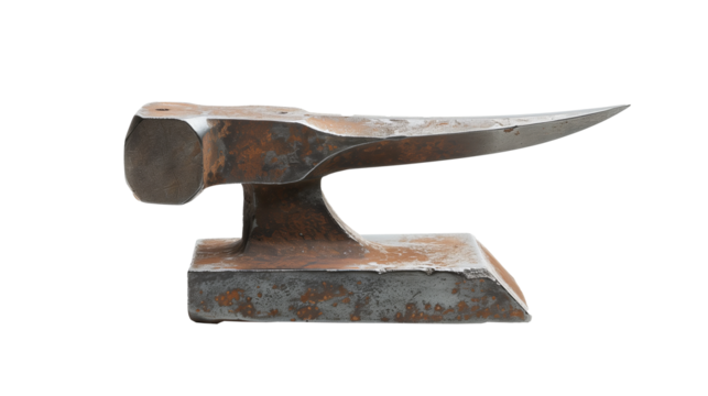 Metal anvil with traces of rust on a transparent background. PNG image.