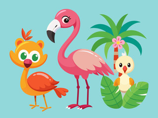 Ensemble de vecteurs flamants roses, oiseau tropical rose dessin animé, icône d’animal d’été, personnage de zoo mignon. Illustration de la faune exotique 