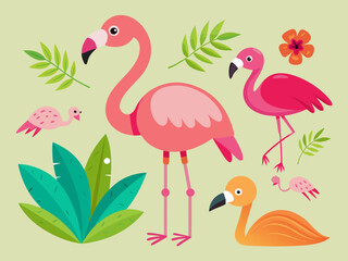 Ensemble de vecteurs flamants roses, oiseau tropical rose dessin animé, icône d’animal d’été, personnage de zoo mignon. Illustration de la faune exotique 