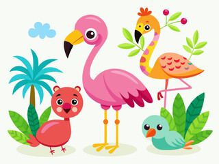 Ensemble de vecteurs flamants roses, oiseau tropical rose dessin animé, icône d’animal d’été, personnage de zoo mignon. Illustration de la faune exotique 