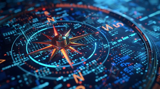 Closeup of a glowing compass with blue and orange hues.