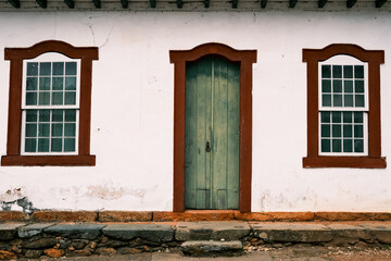 Colorful door and windows of a colonial house in the historical town of Tiradentes, Minas Gerais,...