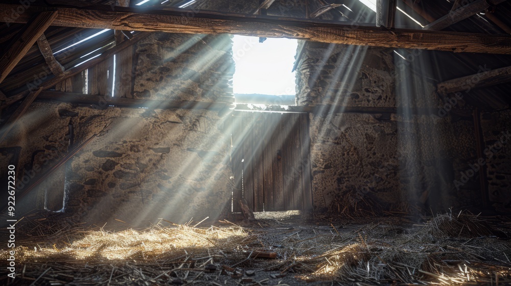 Poster sunbeams filtering through a hayloft window