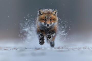 An image of a red fox kit playing and pouncing in a grassy meadow, its youthful curiosity and boundless energy on full displa