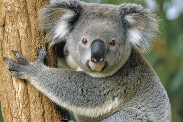 Obraz premium An image portraying a koala climbing a eucalyptus tree with a playful expression, representing its slow-paced yet joyful life in the treetop