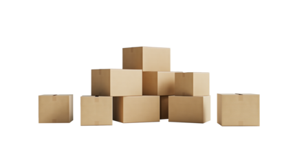 Several cardboard mail boxes on a transparent background. PNG image.
