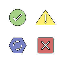 Set of vector warning signs. Check mark icons vector. Set of prohibition signs. Circular arrows vector icon. Set of voting symbols. Vector illustration.