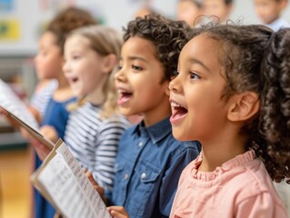 Obraz premium A group of children singing together. AI.