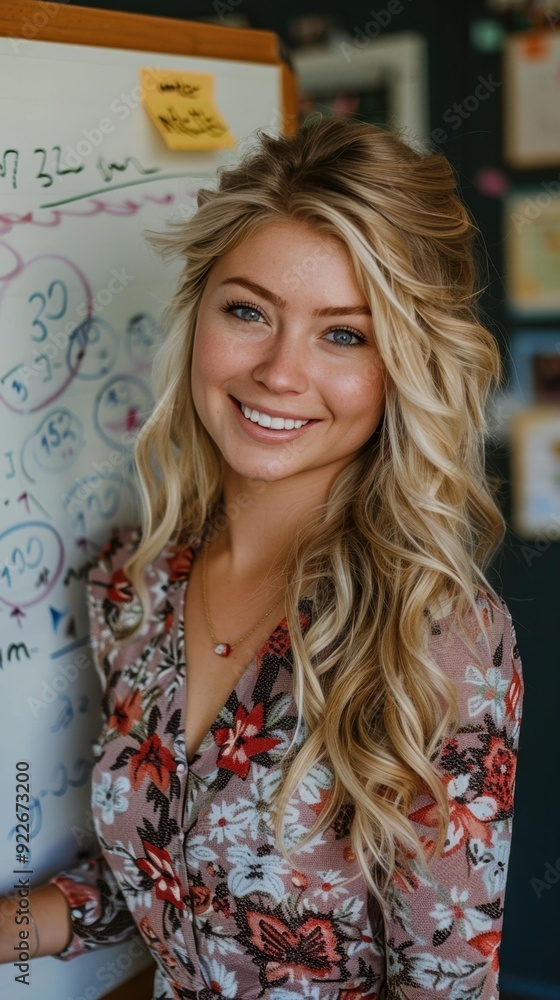 Canvas Prints a woman smiles while standing next to a whiteboard. ai.