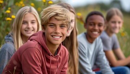 Obraz premium A group of teenagers smile for the camera while sitting together outdoors. AI.