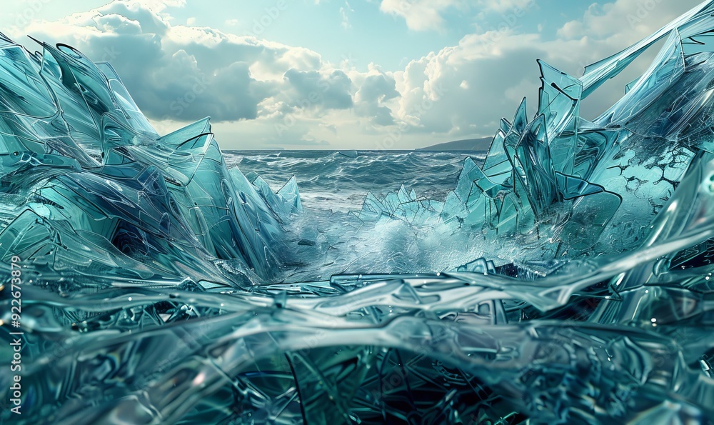 Poster surrealistic seascape with fractured waves, oceanic rhythms disrupted by abstract patterns
