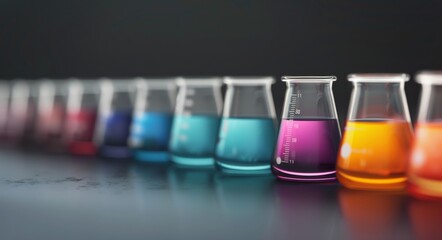 Colorful Laboratory Beakers Filled With Various Liquids in a Scientific Setup