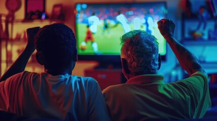 Obraz premium Two individuals of different generations are seen enjoying a soccer game on television together.