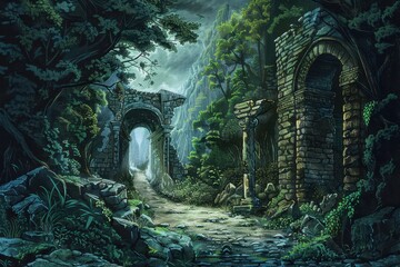 Fototapeta premium Ancient Ruins Overgrown with Lush Vegetation