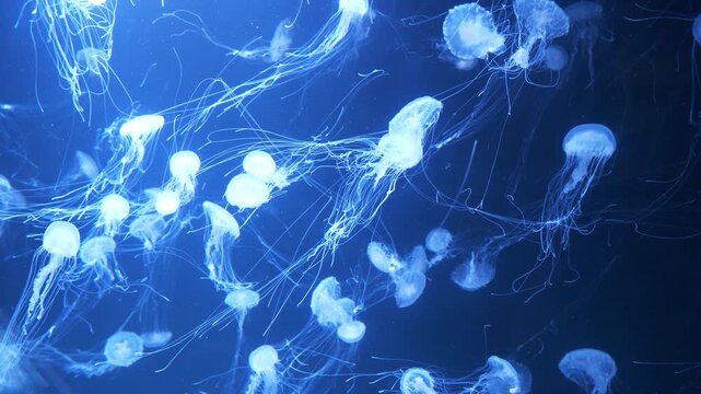 Slow Motion Many white medusas swim underwater in aquarium