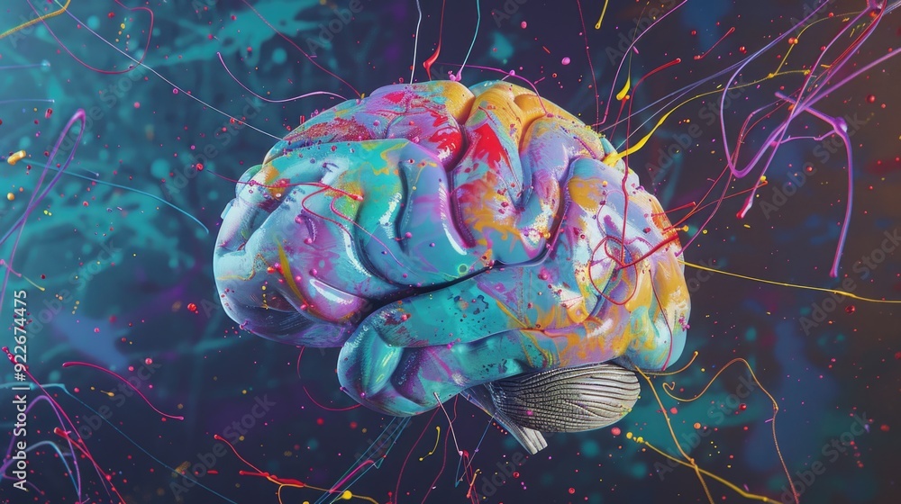 Poster vibrant brain image with a spiral, highlighting creativity, learning, and the complexity of thought 