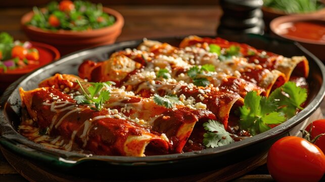 Chili con carne enchilada dish, served with tortilla wraps, garnished with fresh herbs.