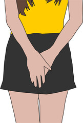 A vector illustration depicting a young Asian woman experiencing discomfort due to vaginal issues, such as urinary incontinence or genital itching. The image shows her holding her lower abdomen, conve