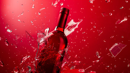 Fototapeta premium Red Bottle Shattering with Glass Fragments Everywhere Against a Red Background in Studio Product Photography